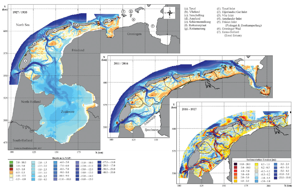 Veranderingen in platen en geulen in de Waddenzee over de periode 1927-2016. Boven: Bodemligging voor de sluiting van de Zuiderzee (1027-1935). Midden: Recente bodemligging, gebaseerd op surveys tussen 2011-2016. Onder: Sedimentatie-erosiepatroon over de periode 1927-2016. Bron: [Wang et al., 2018](https://www.cambridge.org/core/services/aop-cambridge-core/content/view/43109B1810D68CF36D1C91405EA37F0A/S0016774618000082a.pdf/div-class-title-sediment-budget-and-morphological-development-of-the-dutch-wadden-sea-impact-of-accelerated-sea-level-rise-and-subsidence-until-2100-div.pdf).